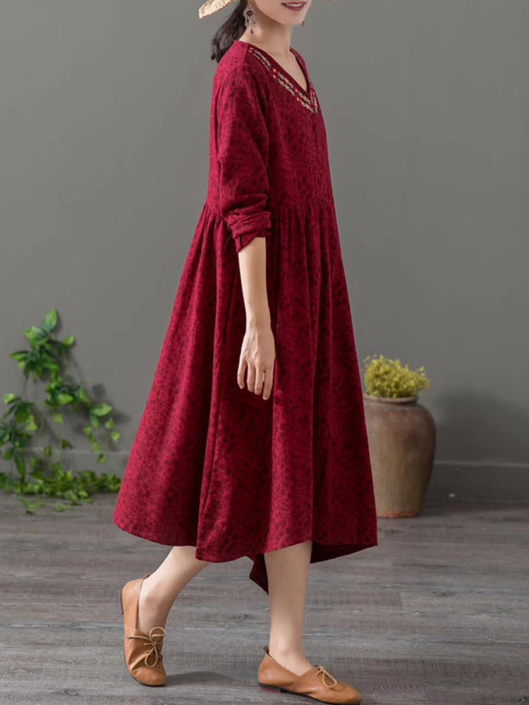 Embroidered Jacquard Asymmetrical Long Sleeve Vintage Dresses