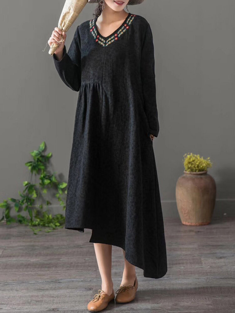 Embroidered Jacquard Asymmetrical Long Sleeve Vintage Dresses