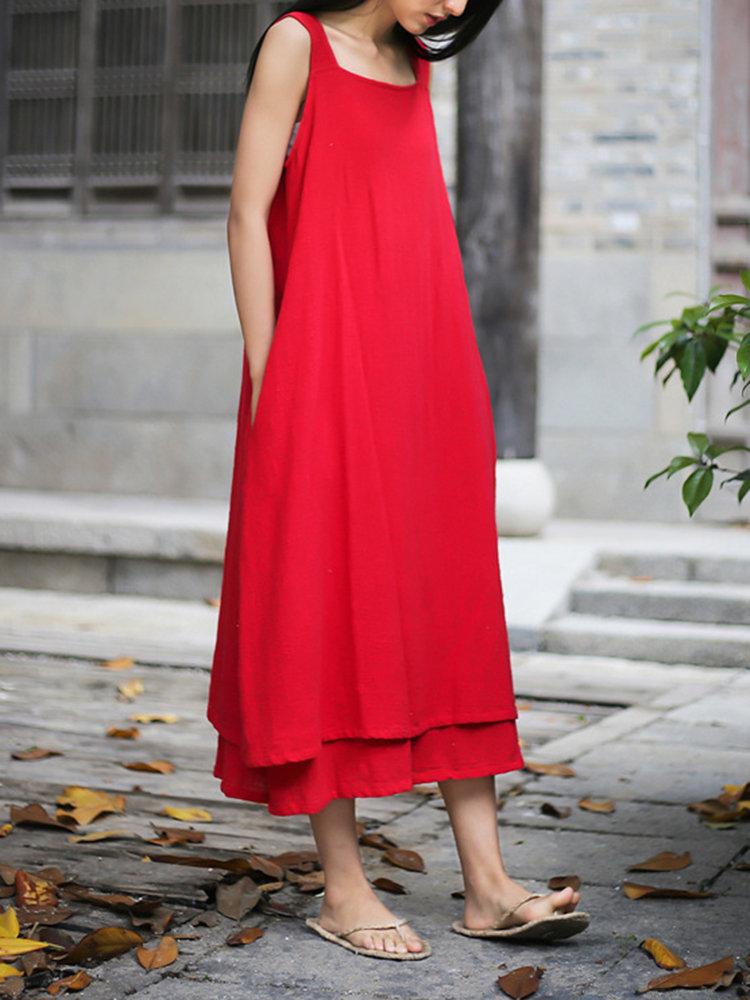 Sleeveless Pure Color Drawstring Layered Vintage Dresses