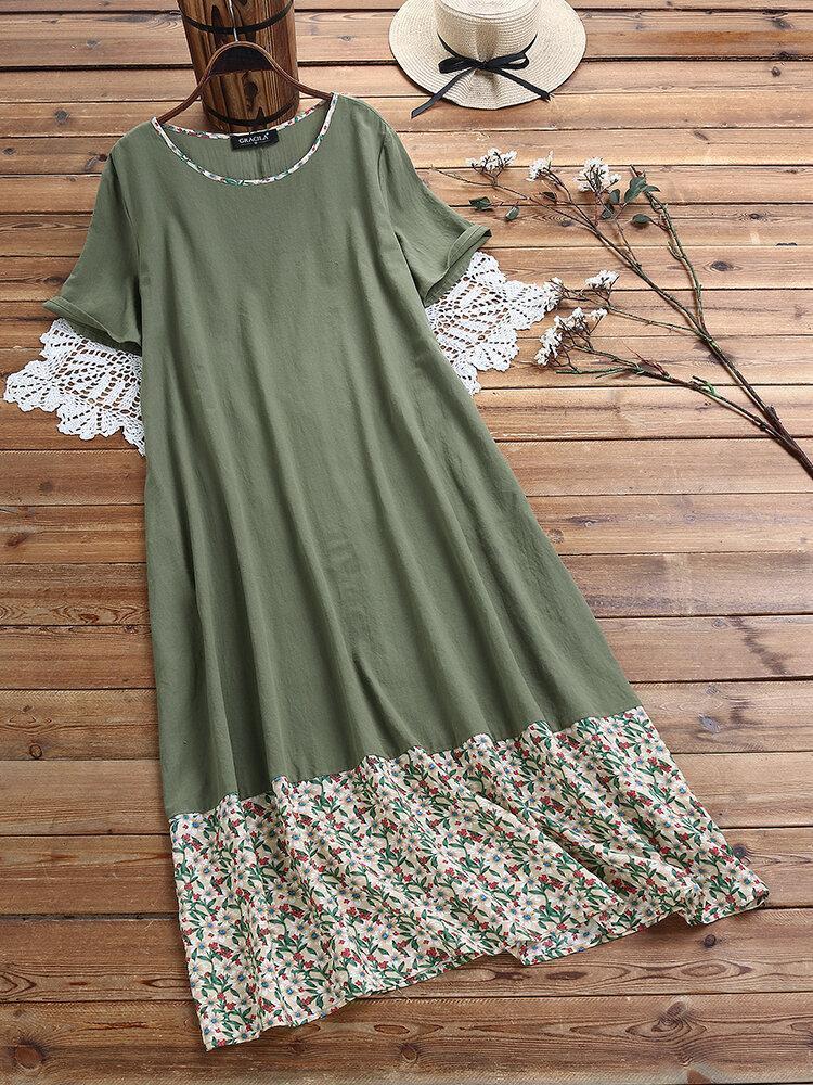 Floral Printed Patchwork Vintage Crew Neck Short Sleeve Maxi Dress