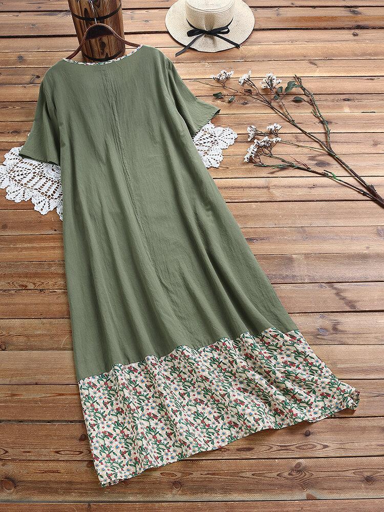 Floral Printed Patchwork Vintage Crew Neck Short Sleeve Maxi Dress