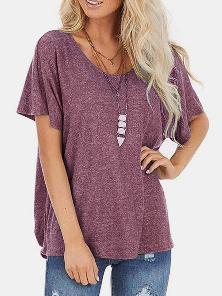 Solid Color O-Neck Short Sleeve Backless T-shirt