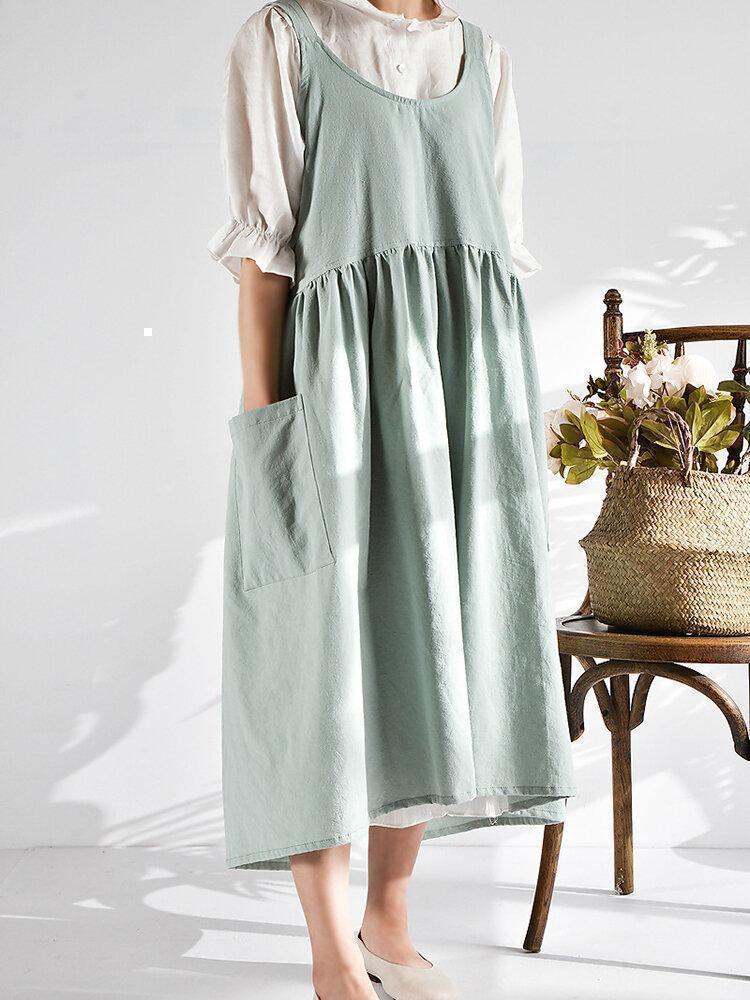 Vintage Solid Color Side Pocket Spaghetti Strap Cotton Dress