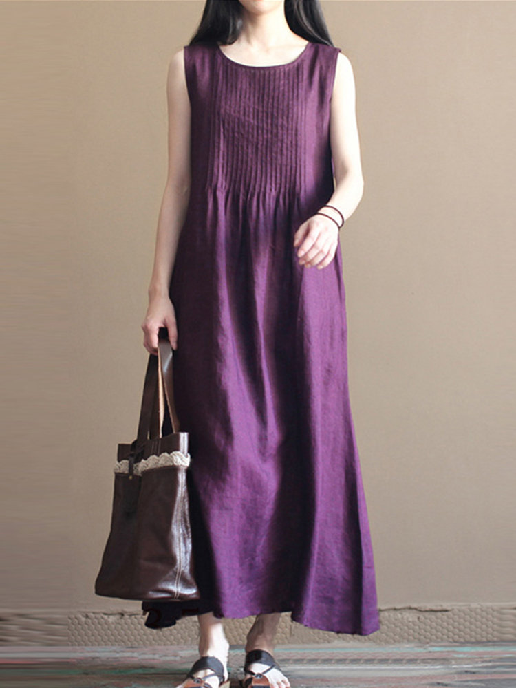 Vintage Pleated Sleeveless Pure Color O-neck Dresses