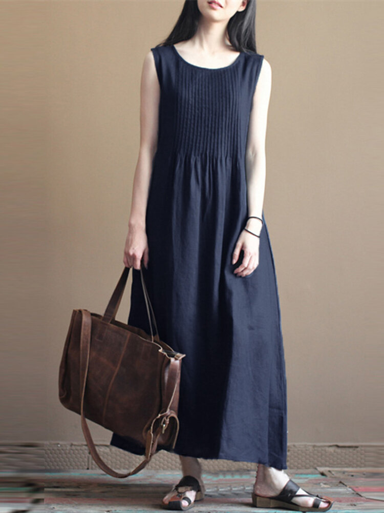 Vintage Pleated Sleeveless Pure Color O-neck Dresses