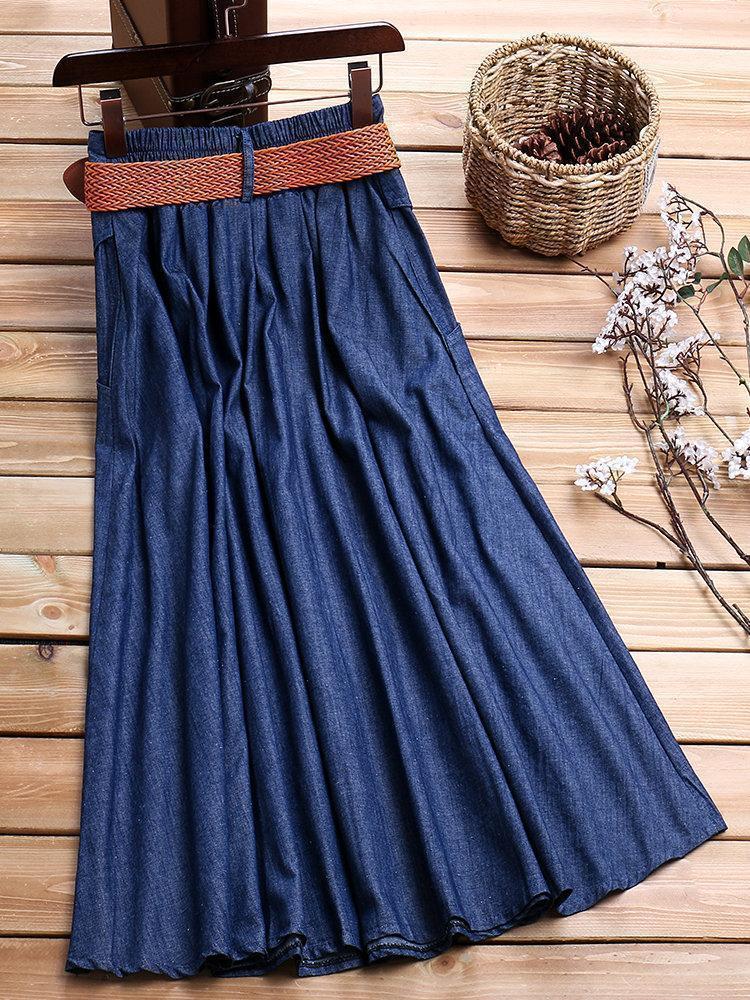 Solid Color Denim High Waist Elastic Waist Vintage Skirts