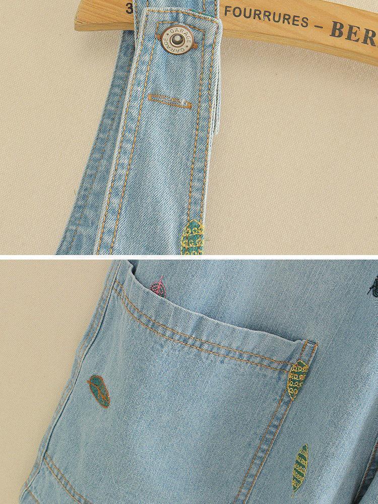 Casual Leaf Embroidered Strap Short Denim Pants